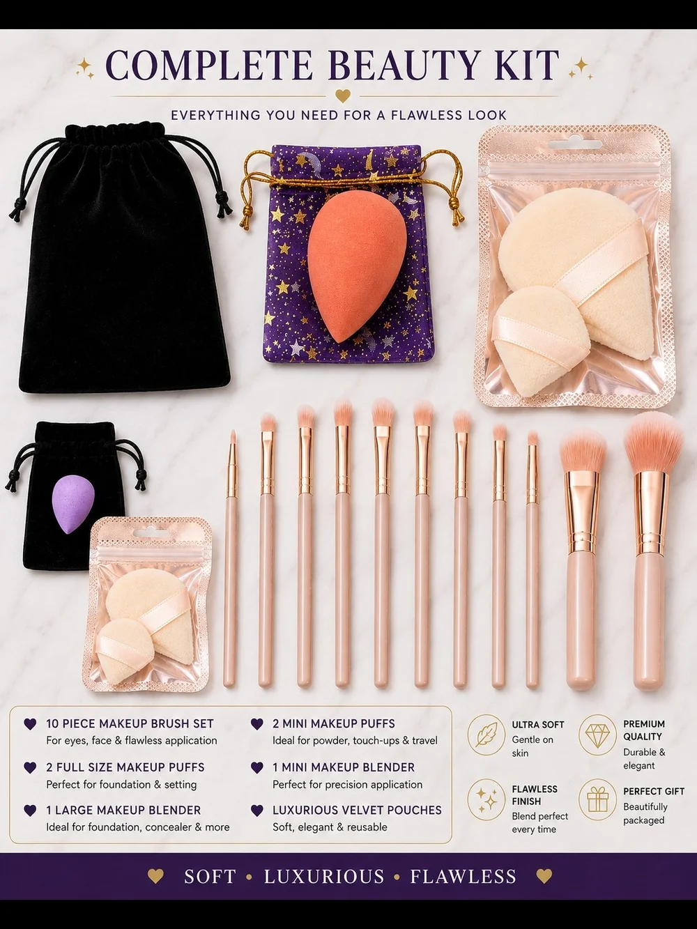 Complete Beauty Kit - Pink Makeup Brush Set with Orange Blender And Much More